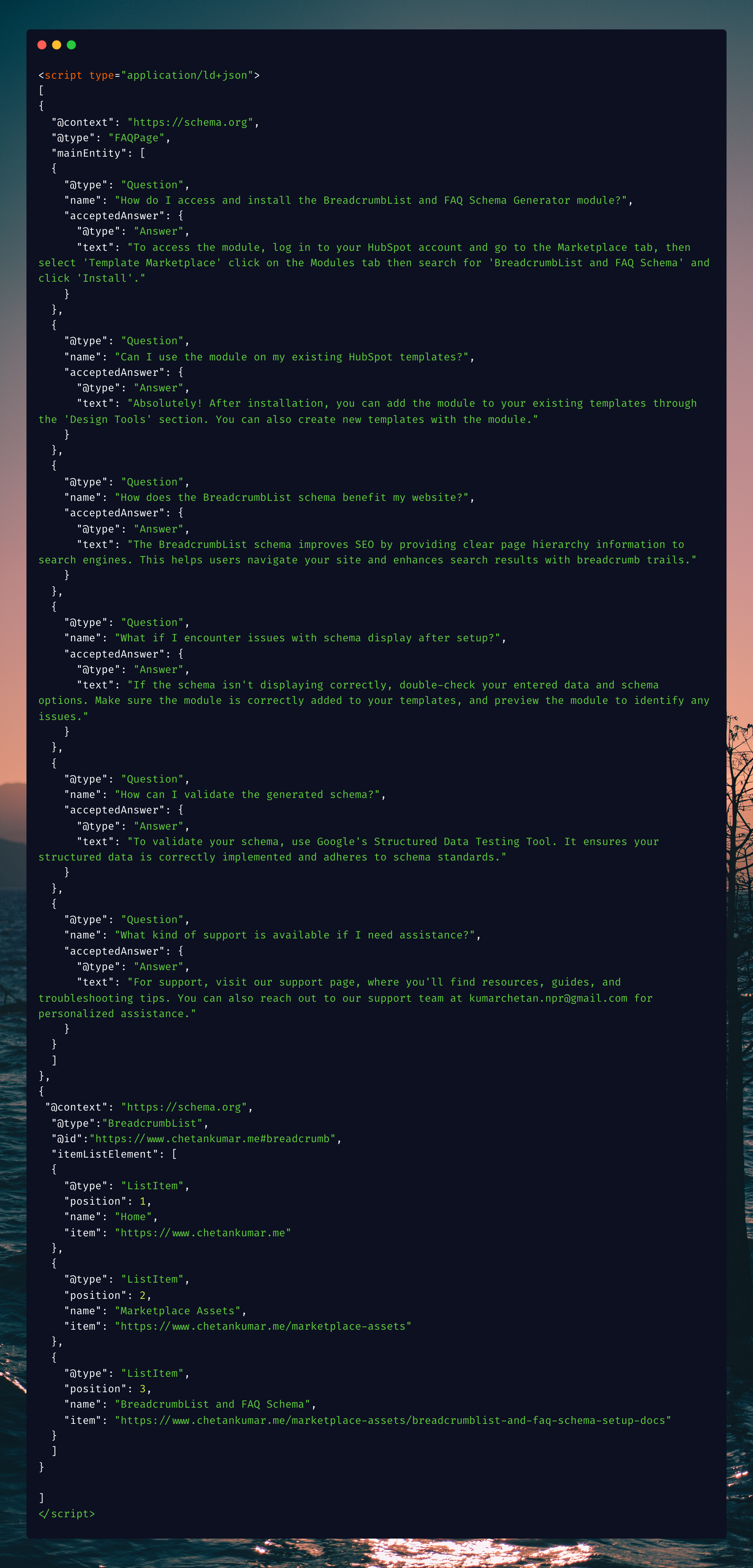 Preview of BreadcrumbList and FAQ Schema