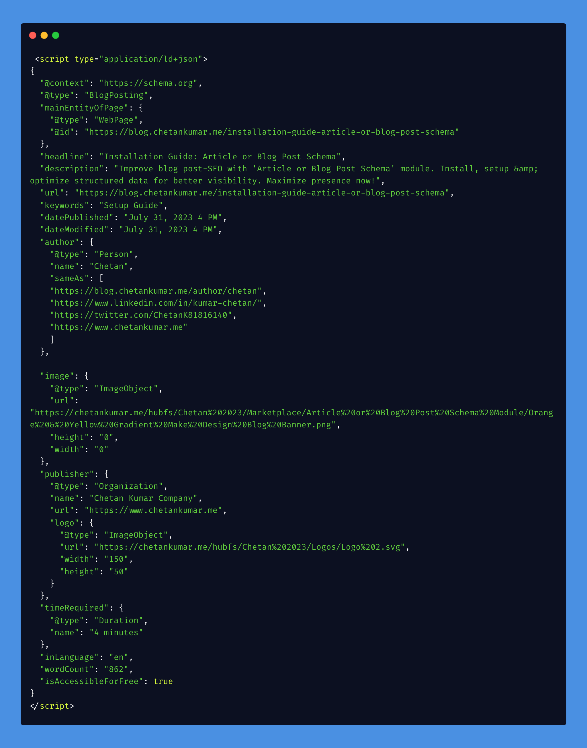 Preview of Article or Blog Post Schema
