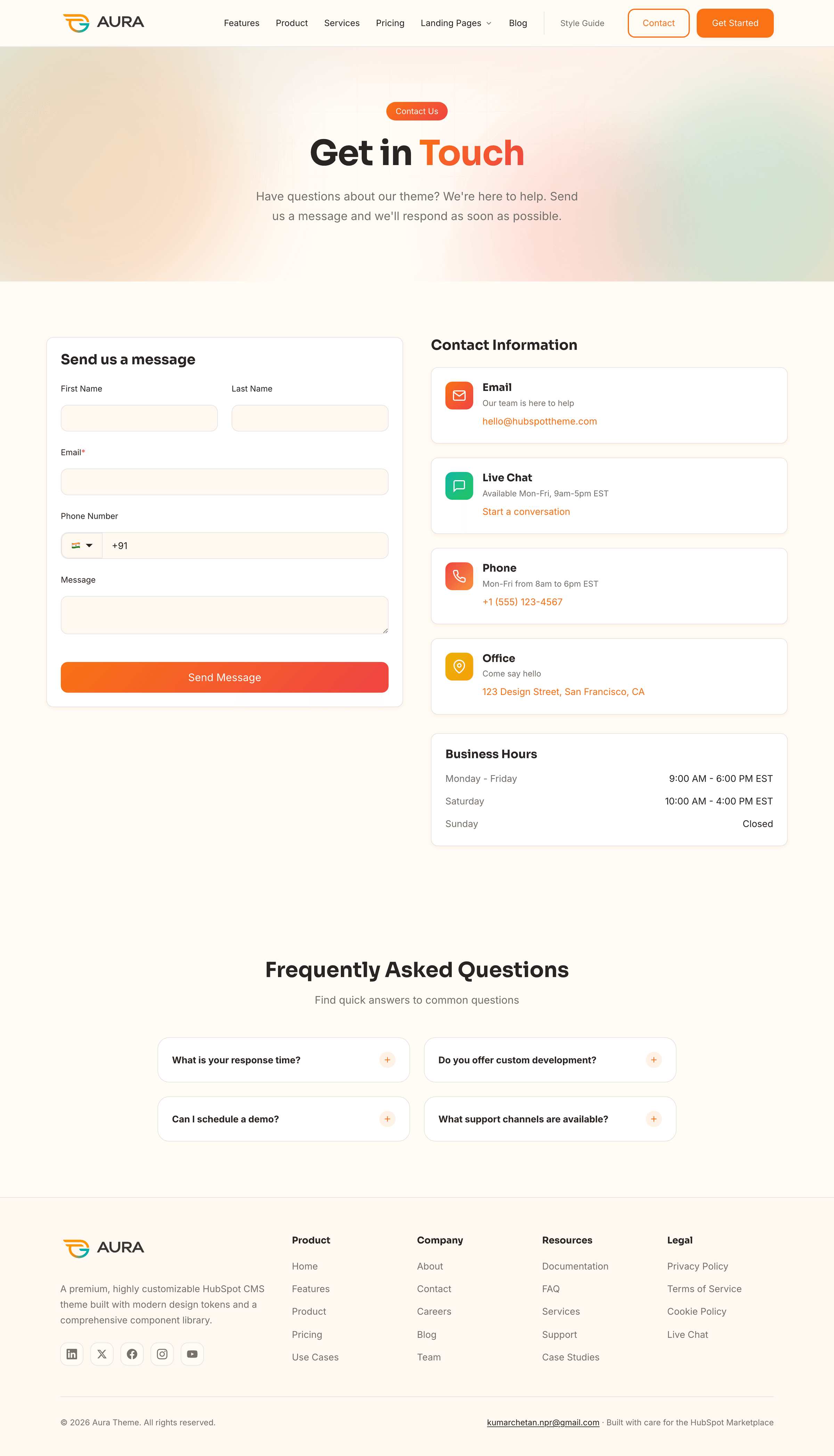 Aura contact page with header and footer