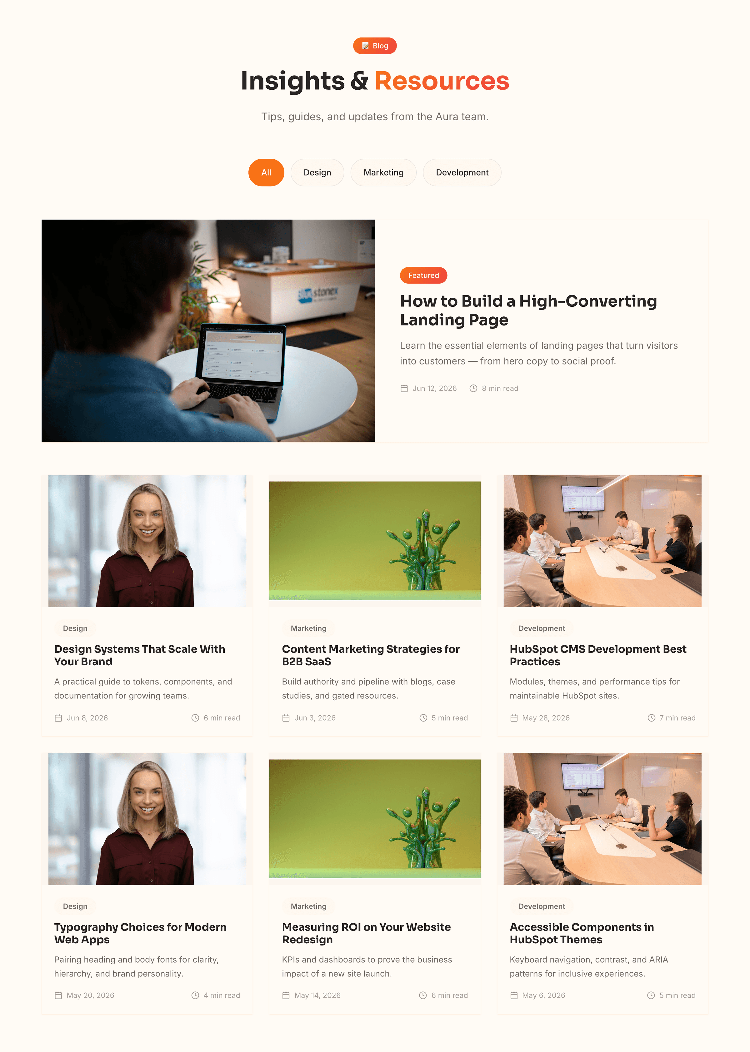 Aura blog listing with tag filters