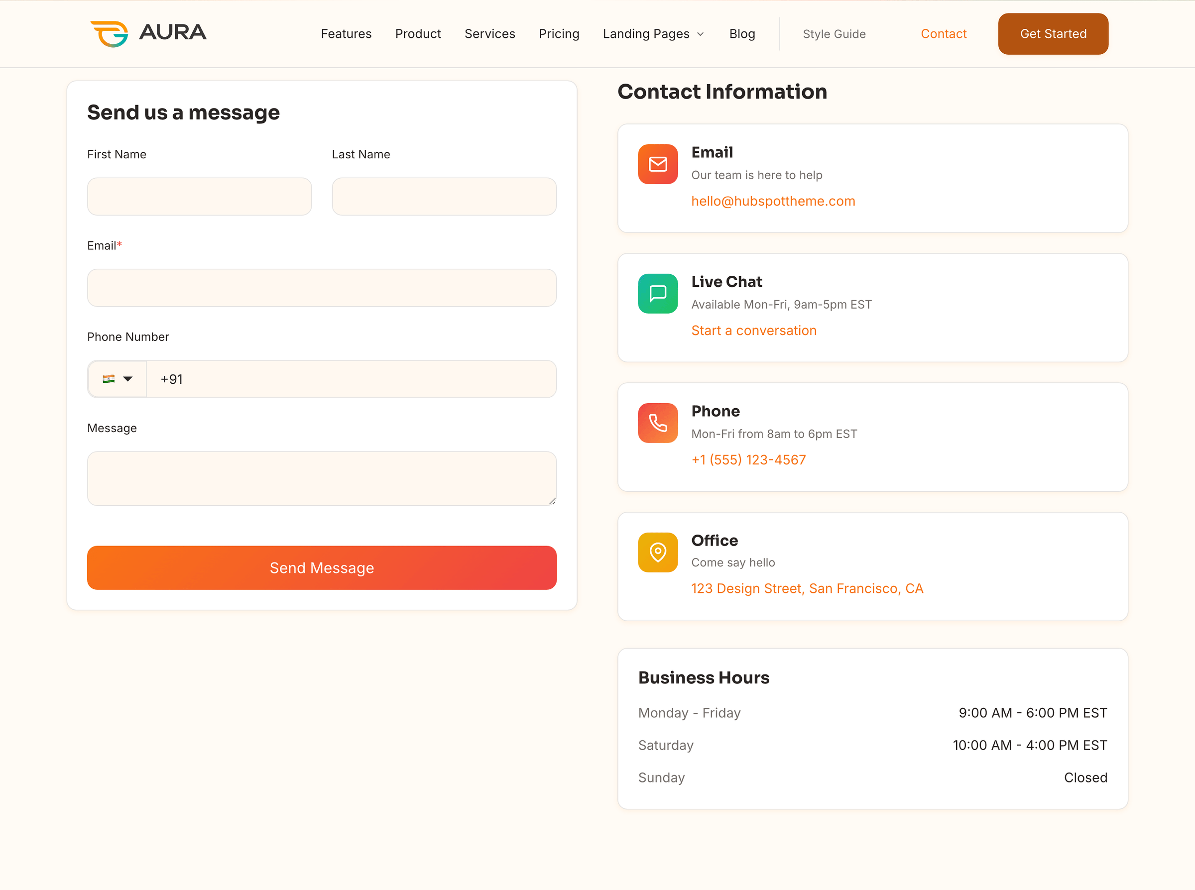Styled contact form on an Aura page